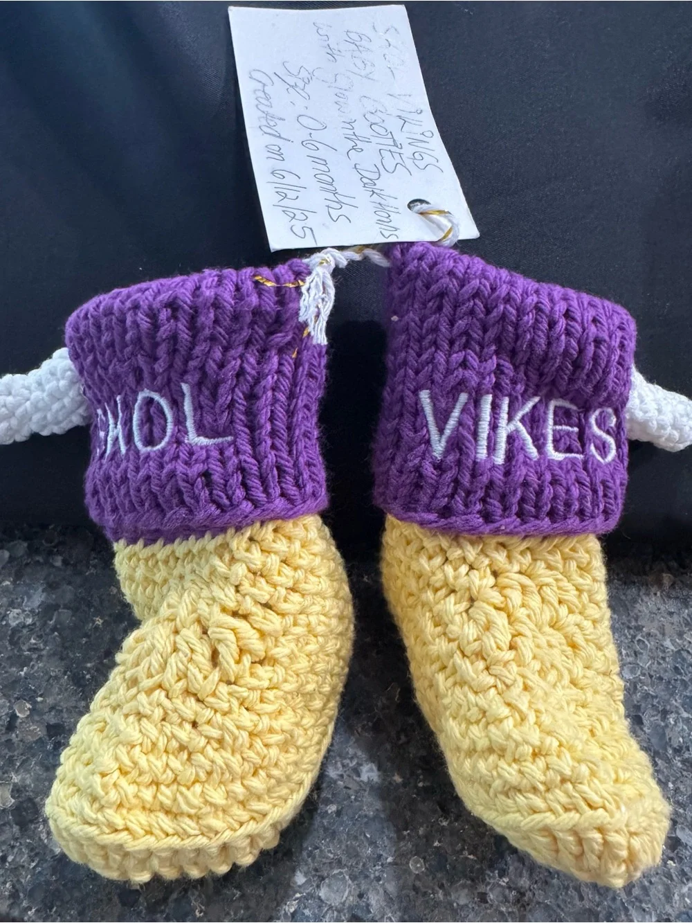 Source Unknown Purple and Yellow Crocheted Baby Walker Shoes with 'VIKES'